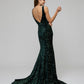 Emerald Velvet Sequin Fitted Sweep Train Prom Dresses