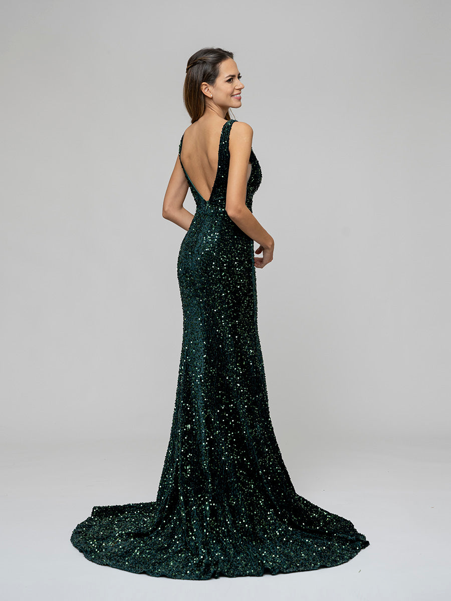 Emerald Velvet Sequin Fitted Sweep Train Prom Dresses