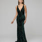 Emerald Velvet Sequin Fitted Sweep Train Prom Dresses