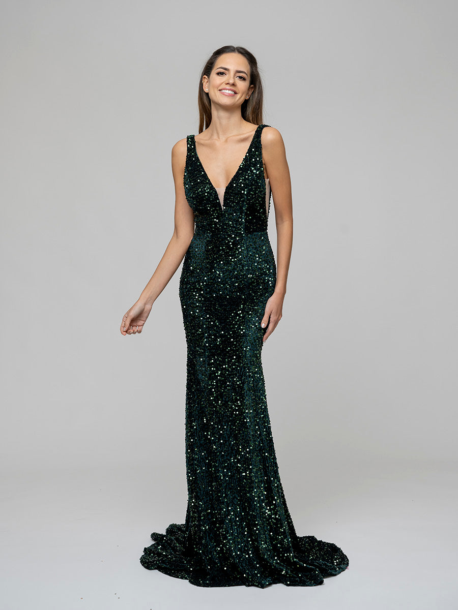 Emerald Velvet Sequin Fitted Sweep Train Prom Dresses