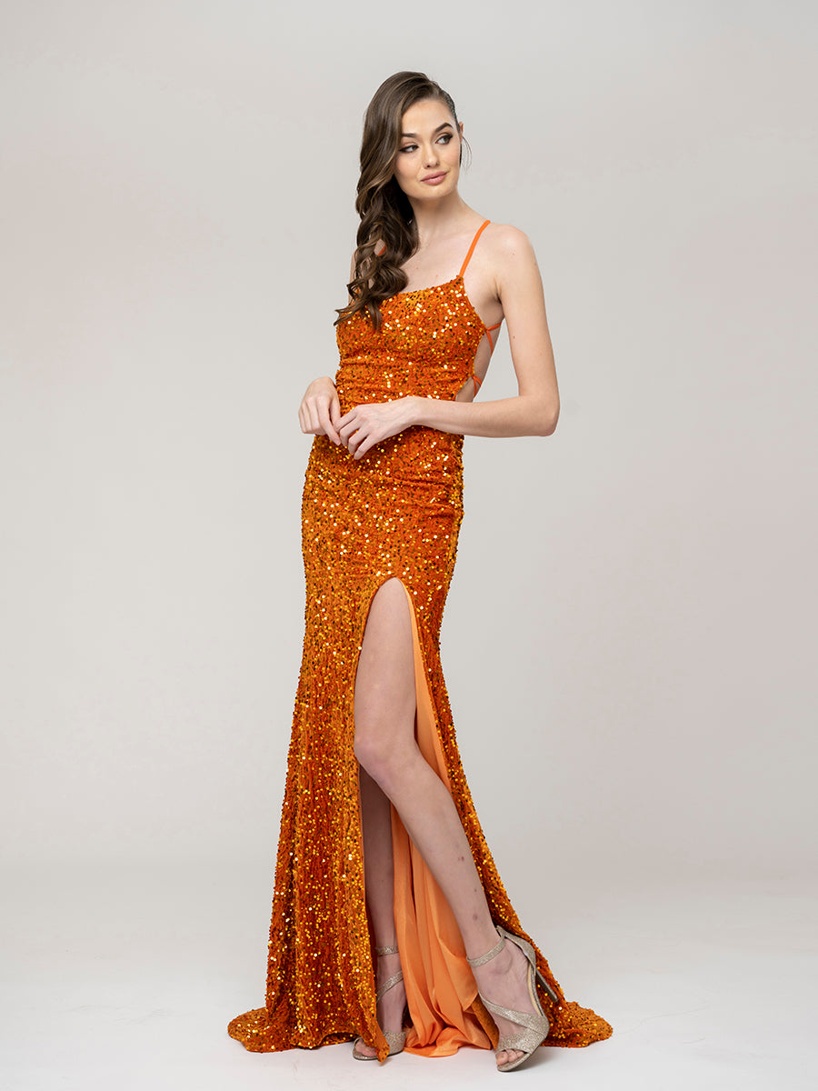 Floor Length Sequin Criss Cross Back Fitted Prom Dresses