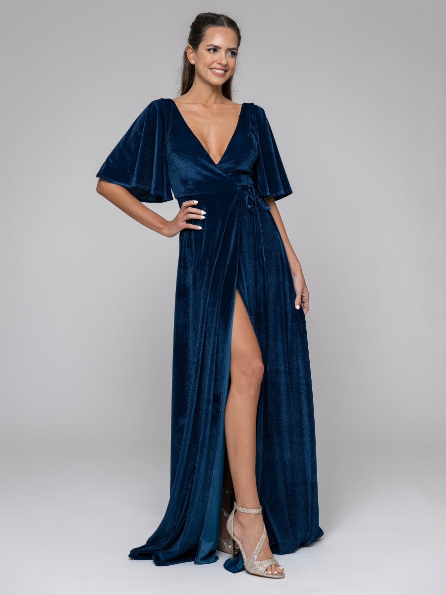 Flutter Sleeve Slit Pluning V Neck Velvet Bridesmaid Dresses