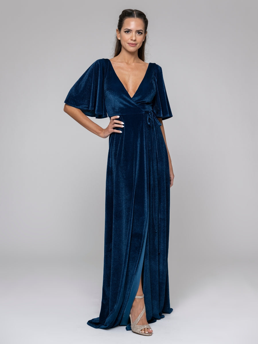 Flutter Sleeve Slit Pluning V Neck Velvet Bridesmaid Dresses