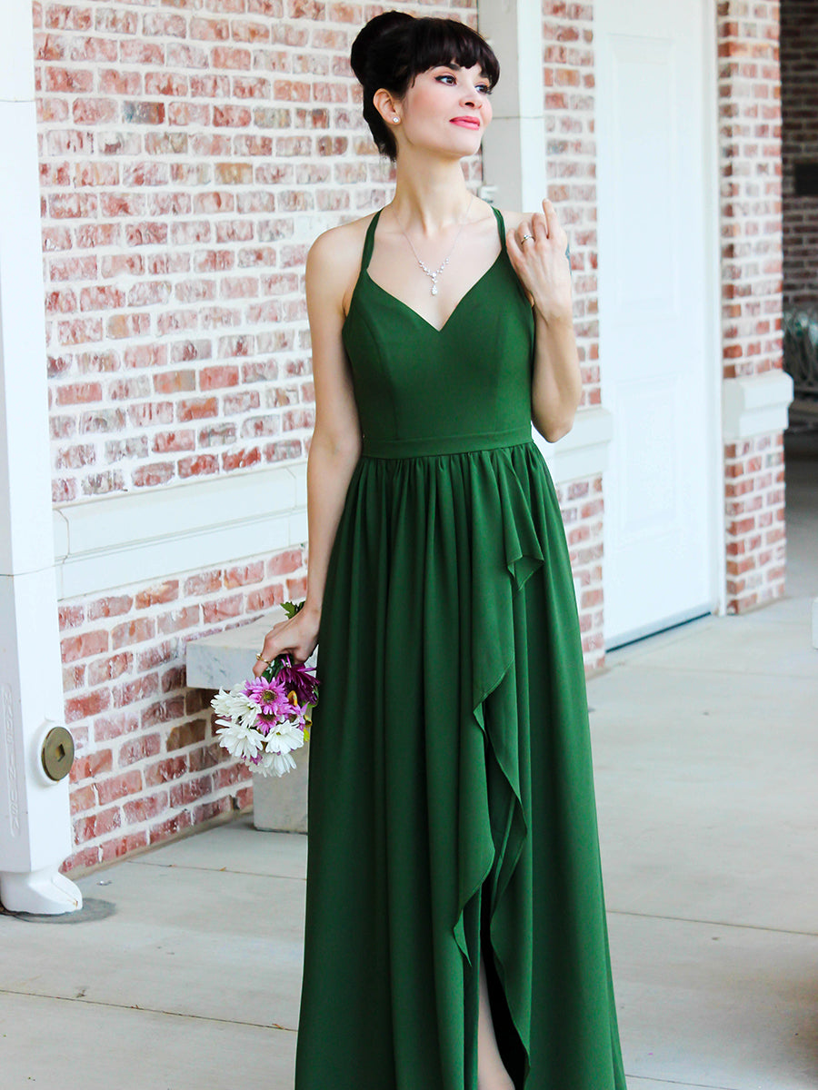 Chiffon Tie Back Bridesmaid Dresses With Ruffles Slit