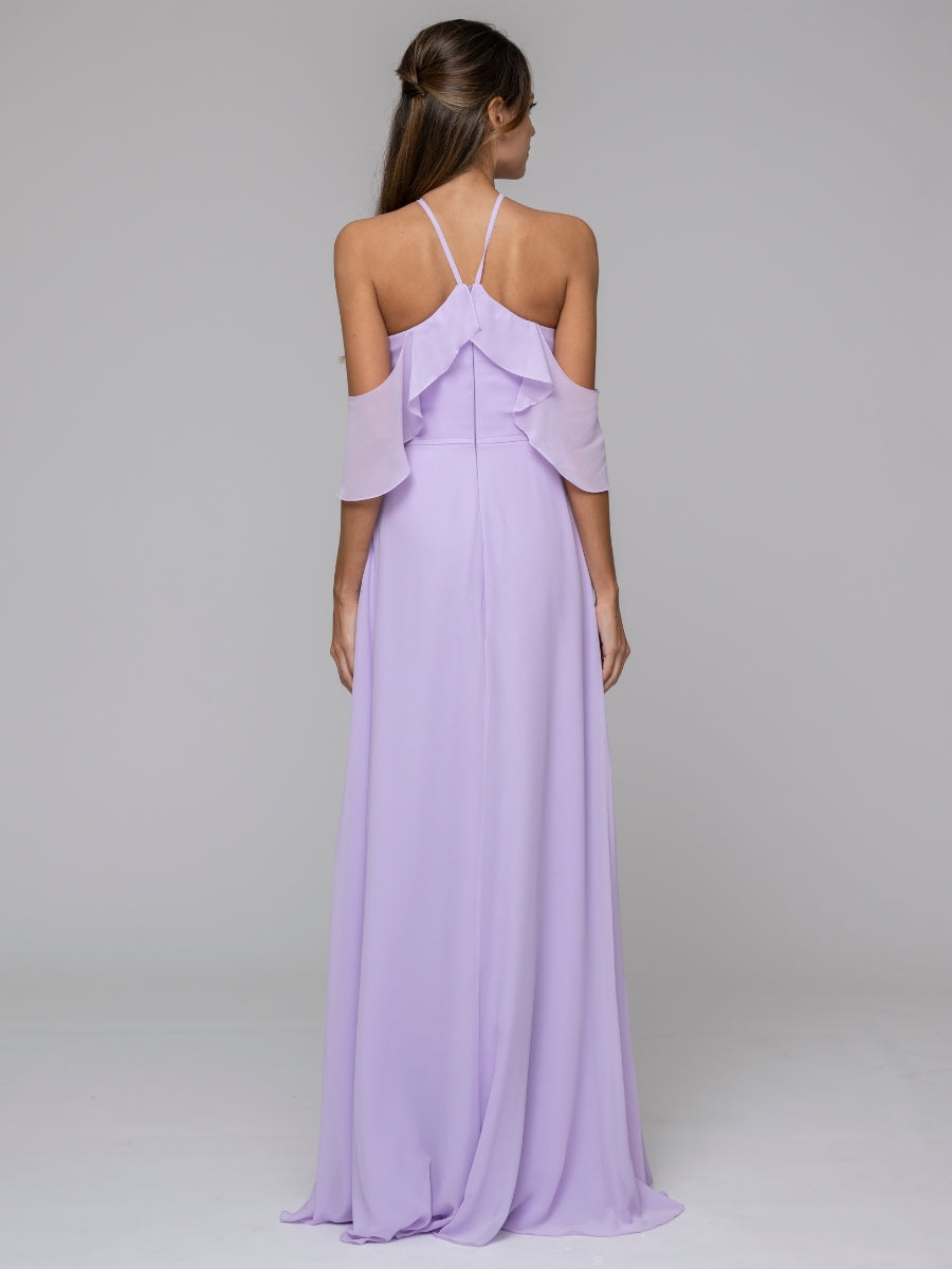 Lilac Halter Ruffles Off The Shoulder Chiffon Floor Length Bridesmaid Dresses