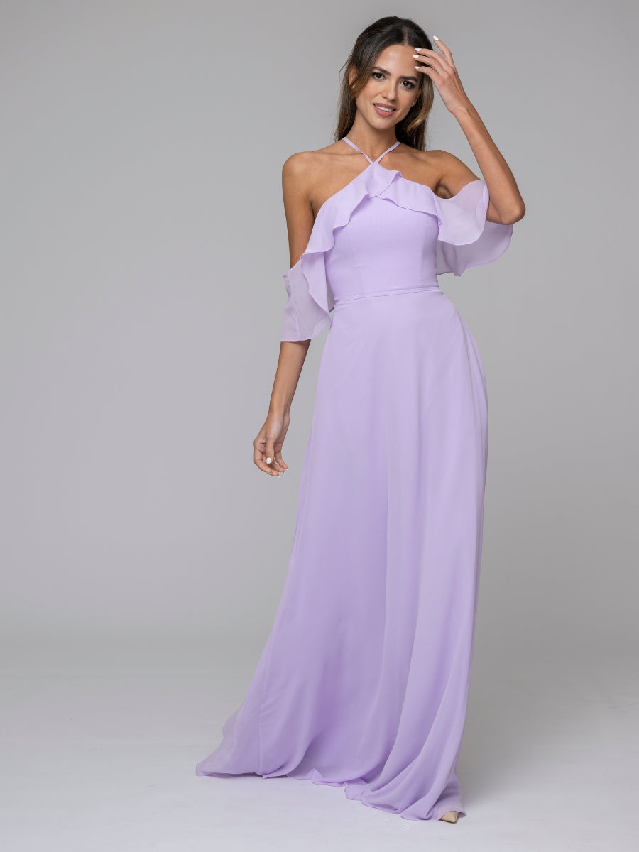 Lilac Halter Ruffles Off The Shoulder Chiffon Floor Length Bridesmaid Dresses