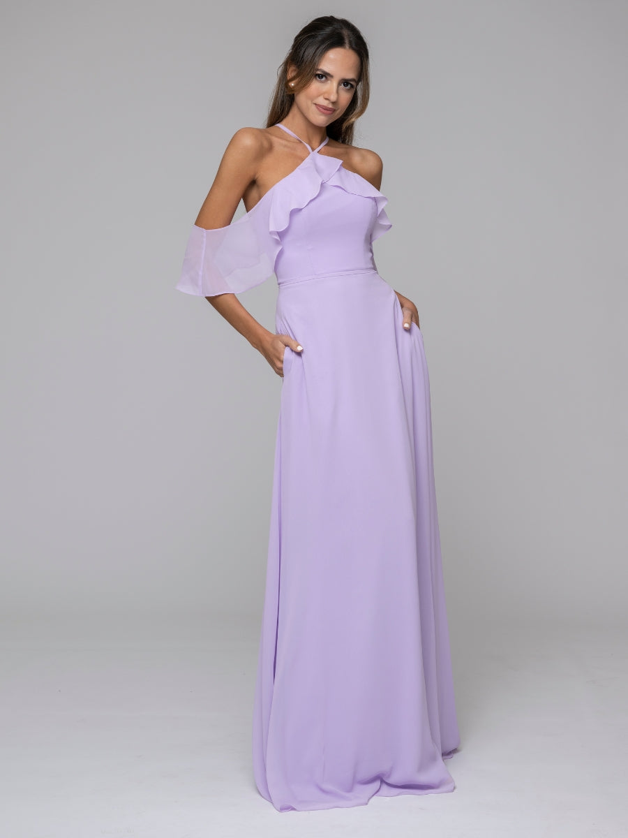 Lilac Halter Ruffles Off The Shoulder Chiffon Floor Length Bridesmaid Dresses