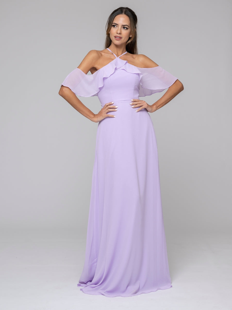 Lilac Halter Ruffles Off The Shoulder Chiffon Floor Length Bridesmaid Dresses