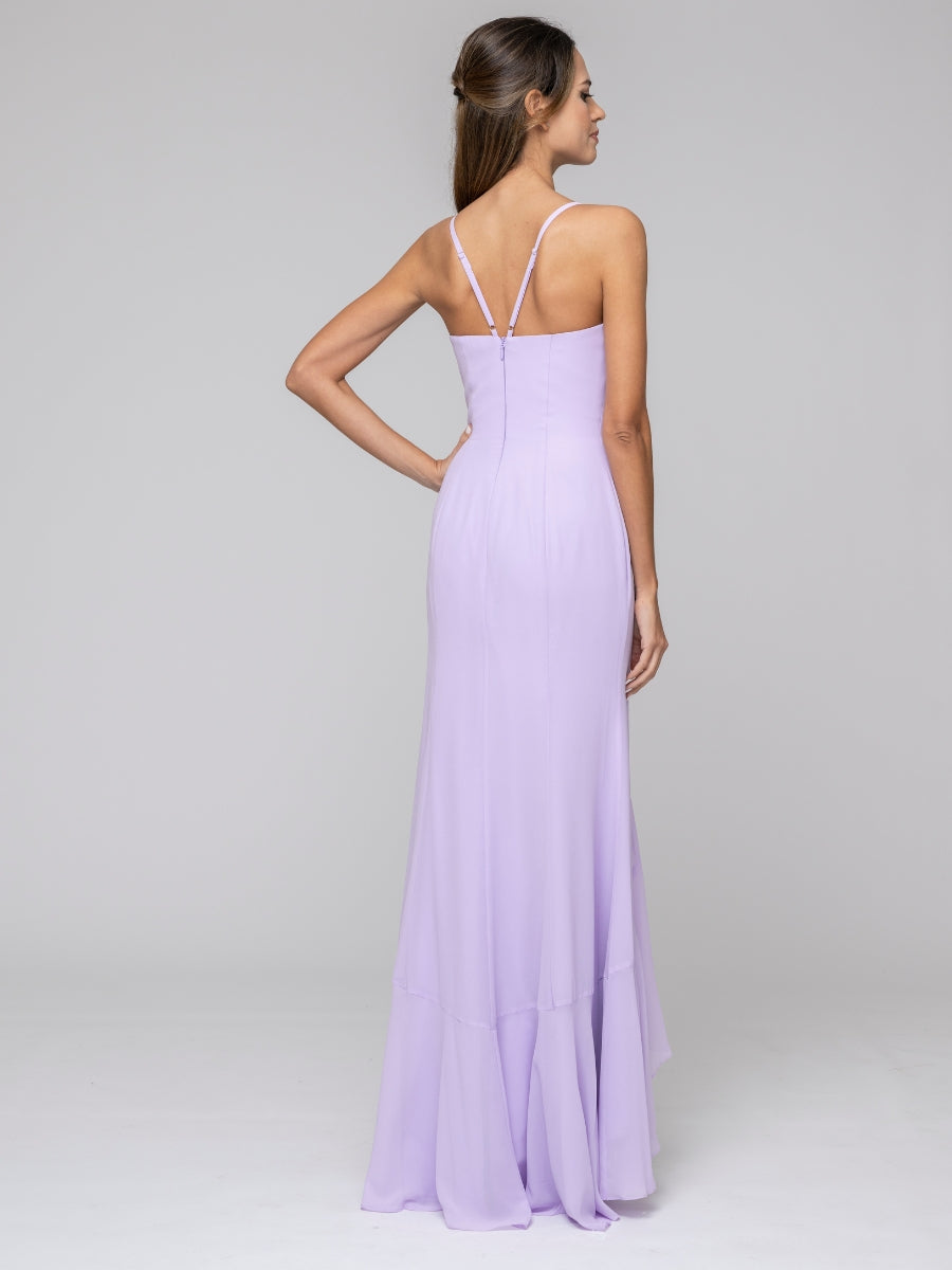 Lilac Spaghetti Strap Chiffon Mermaid Bridesmaid Dresses With Ruffles Split