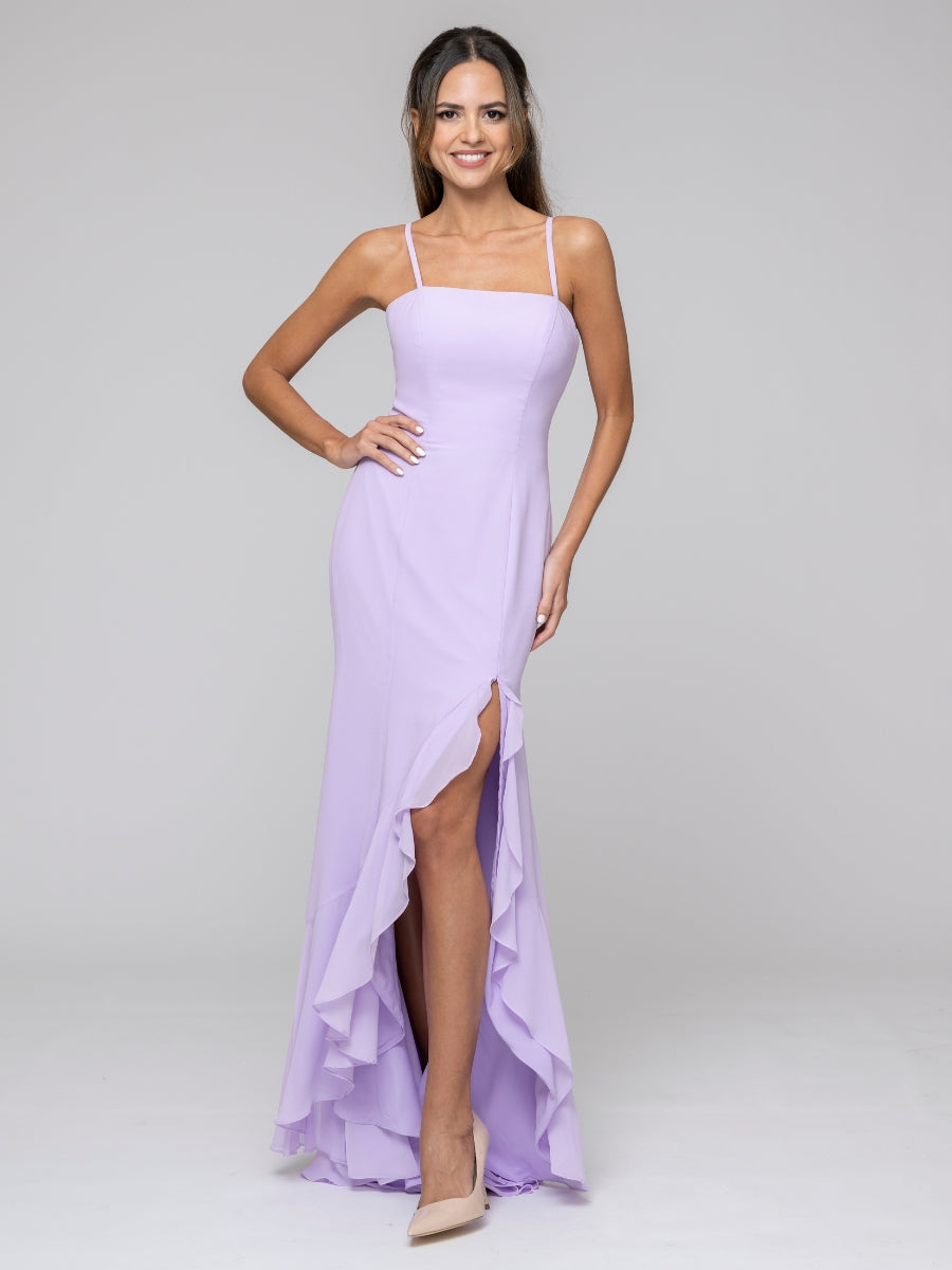 Lilac Spaghetti Strap Chiffon Mermaid Bridesmaid Dresses With Ruffles Split