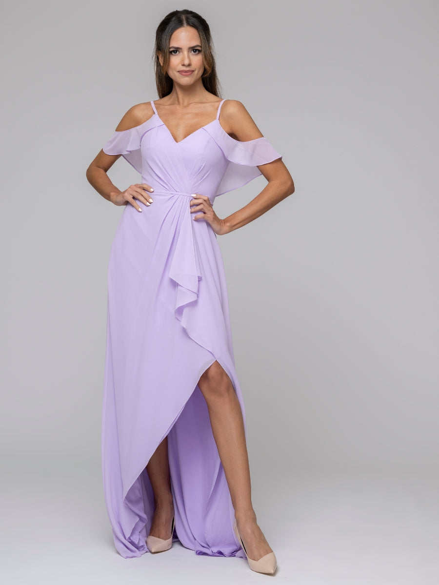 Lilac Cold Shoulder Chiffon Open Back High Low Bridesmaid Dresses