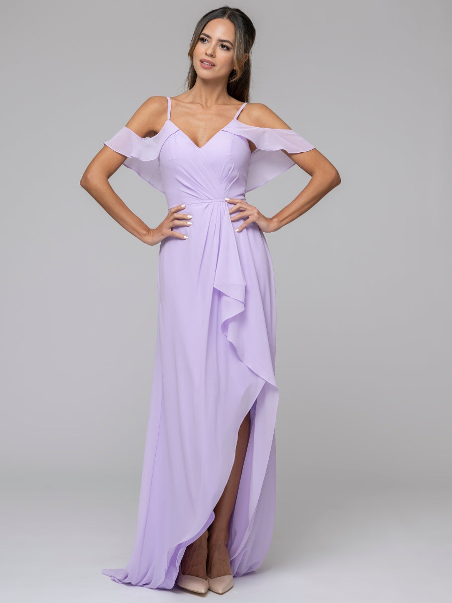 Lilac Cold Shoulder Chiffon Open Back High Low Bridesmaid Dresses