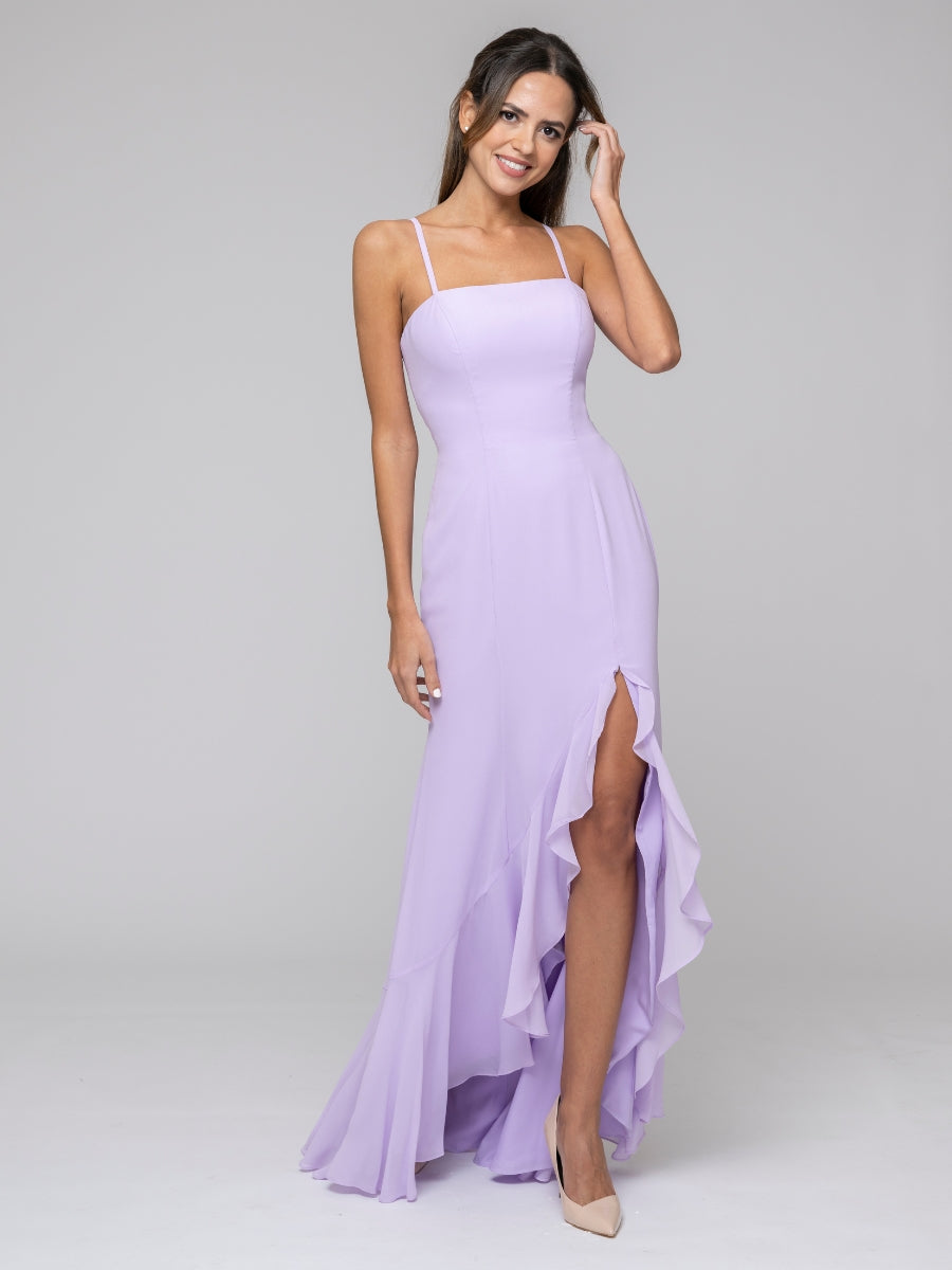 Lilac Spaghetti Strap Chiffon Mermaid Bridesmaid Dresses With Ruffles Split