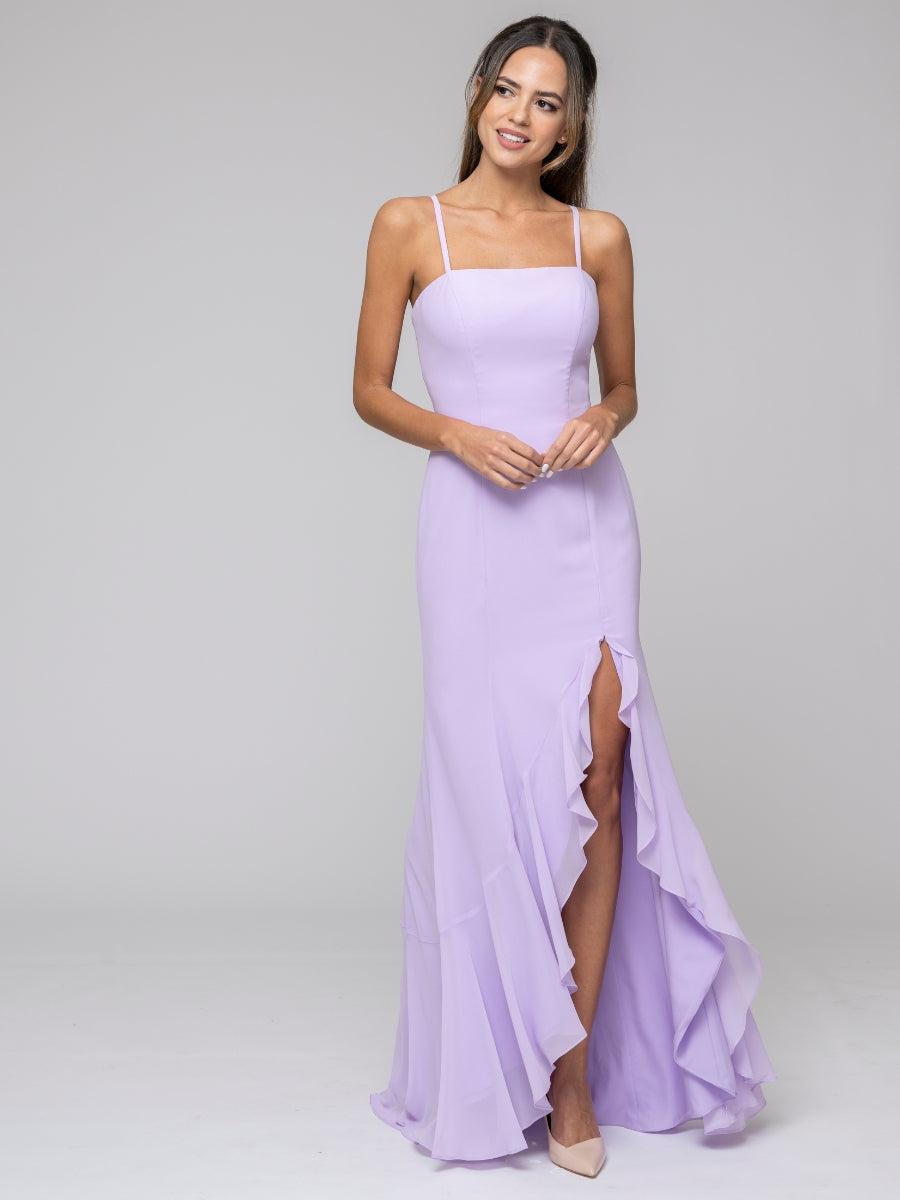 Lilac Spaghetti Strap Chiffon Mermaid Bridesmaid Dresses With Ruffles Split