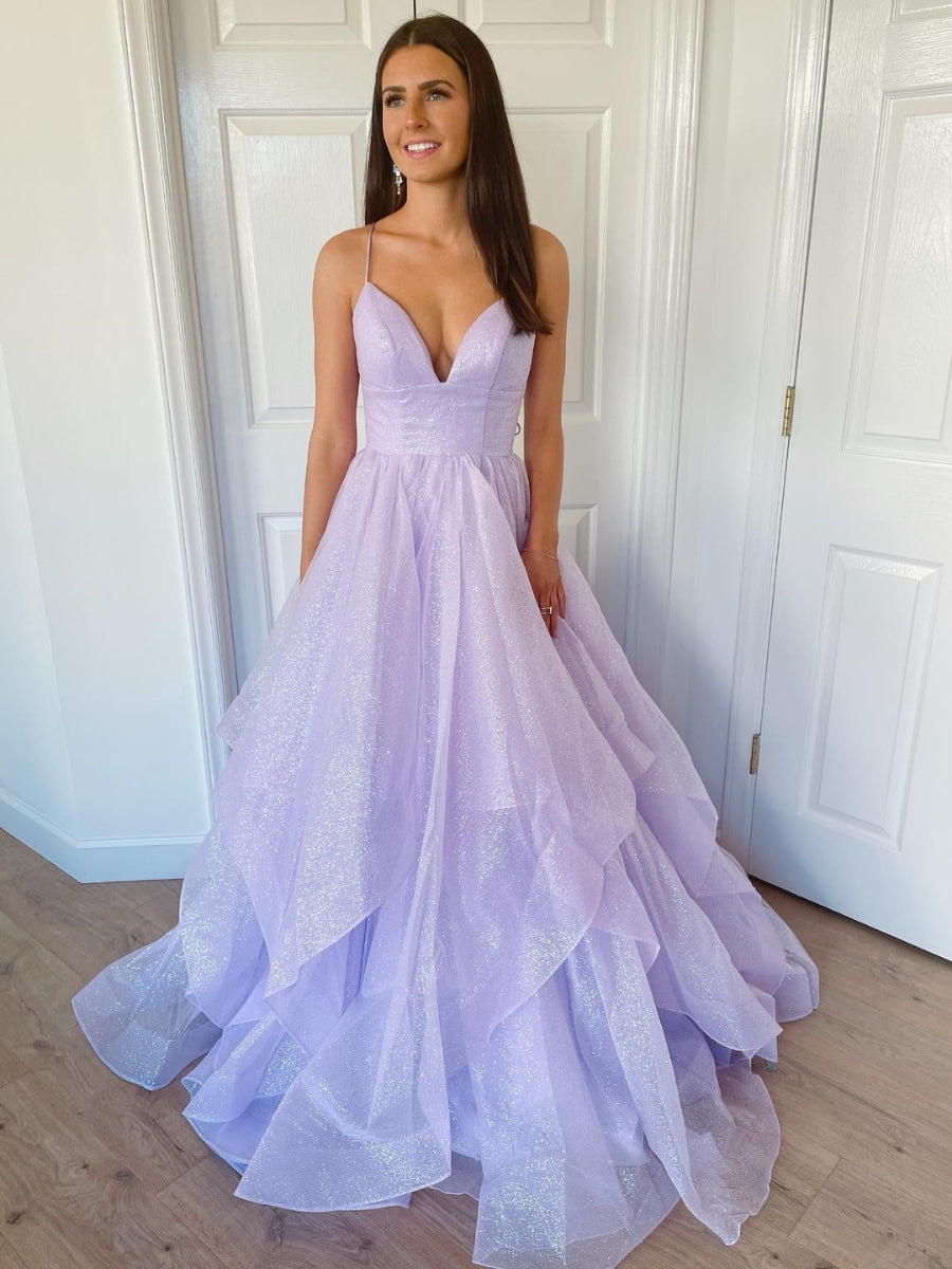 Deep V-Neck Layered Tulle Prom Dress With Back Cutout