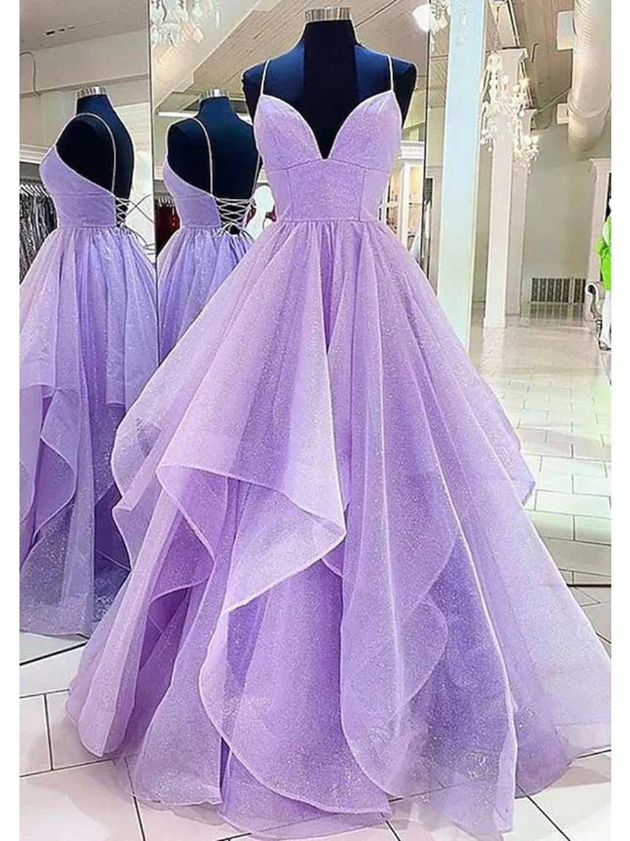 Deep V-Neck Layered Tulle Prom Dress With Back Cutout