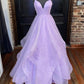 Deep V-Neck Layered Tulle Prom Dress With Back Cutout