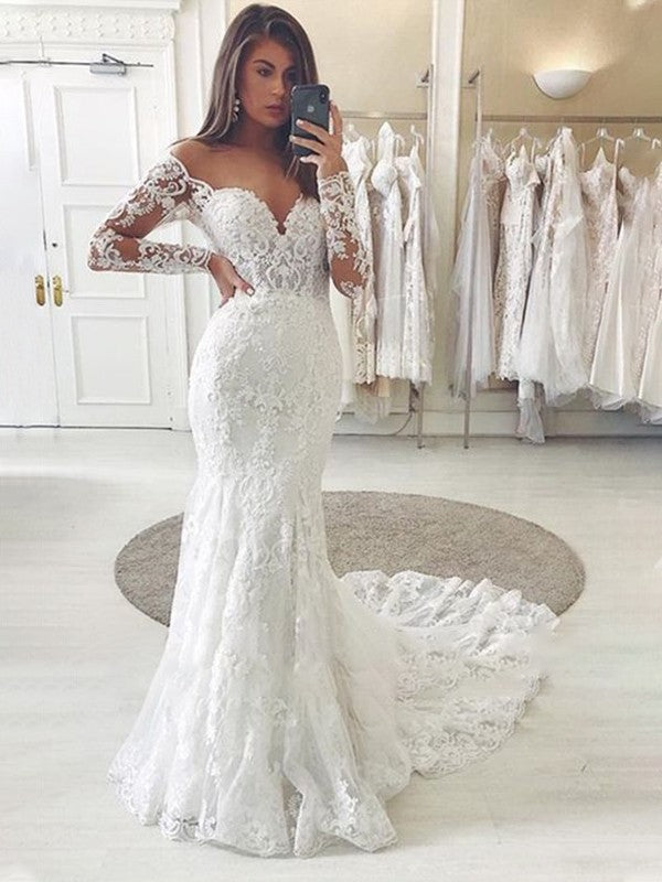Long Sleeves Off-the-Shoulder Applique Mermaid  Wedding Dresses