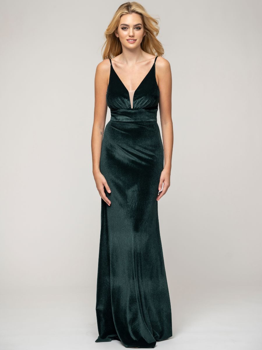 Long Velvet Sheath Bridesmaid Dresses With V Back