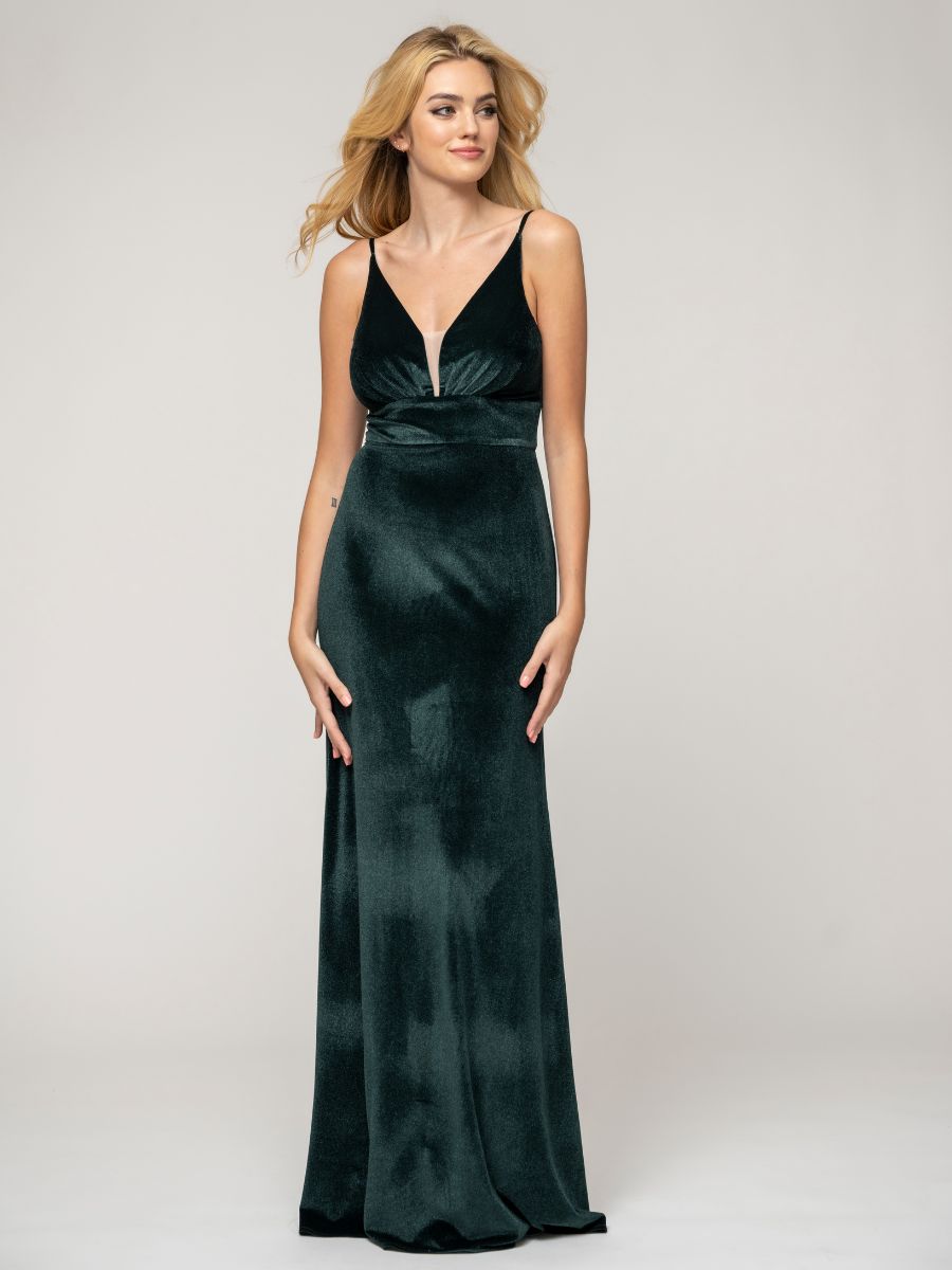 Long Velvet Sheath Bridesmaid Dresses With V Back