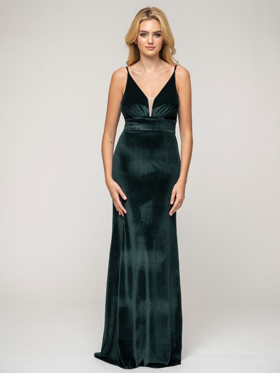 Long Velvet Sheath Bridesmaid Dresses With V Back