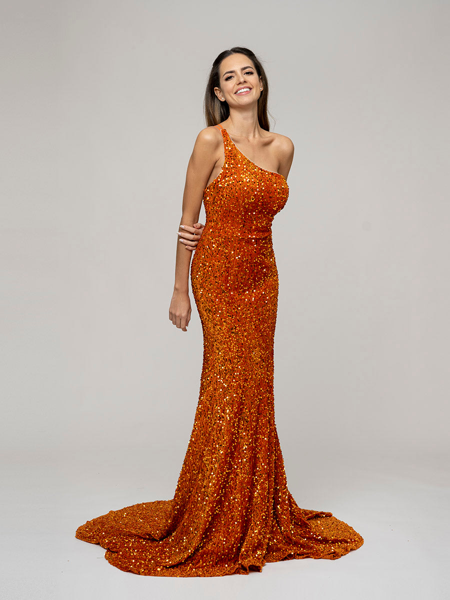 Straps Back One Shoulder Sequin Fitted Prom Dresses