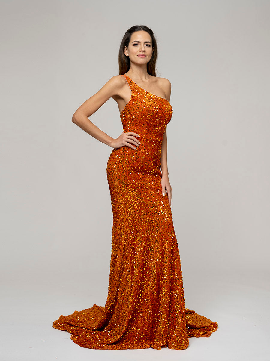 Straps Back One Shoulder Sequin Fitted Prom Dresses