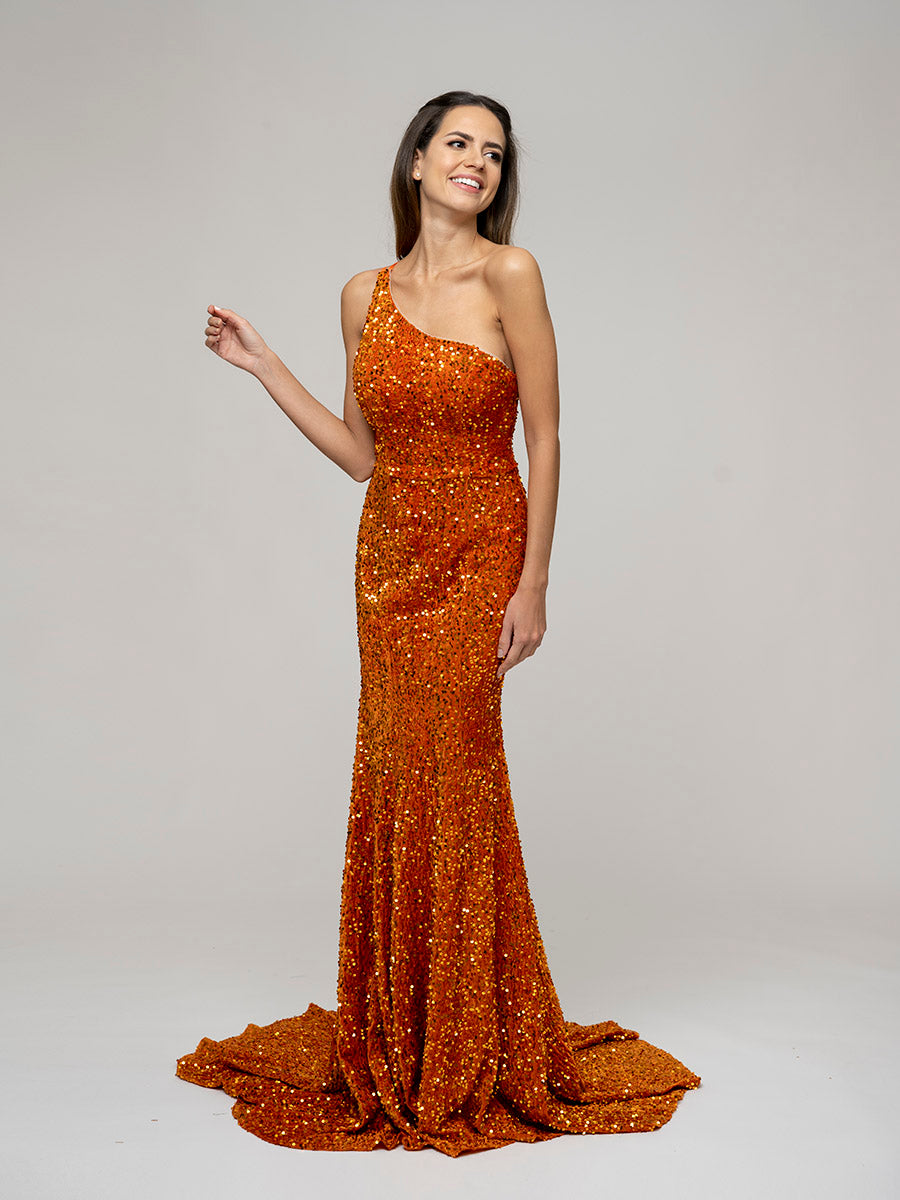 Straps Back One Shoulder Sequin Fitted Prom Dresses