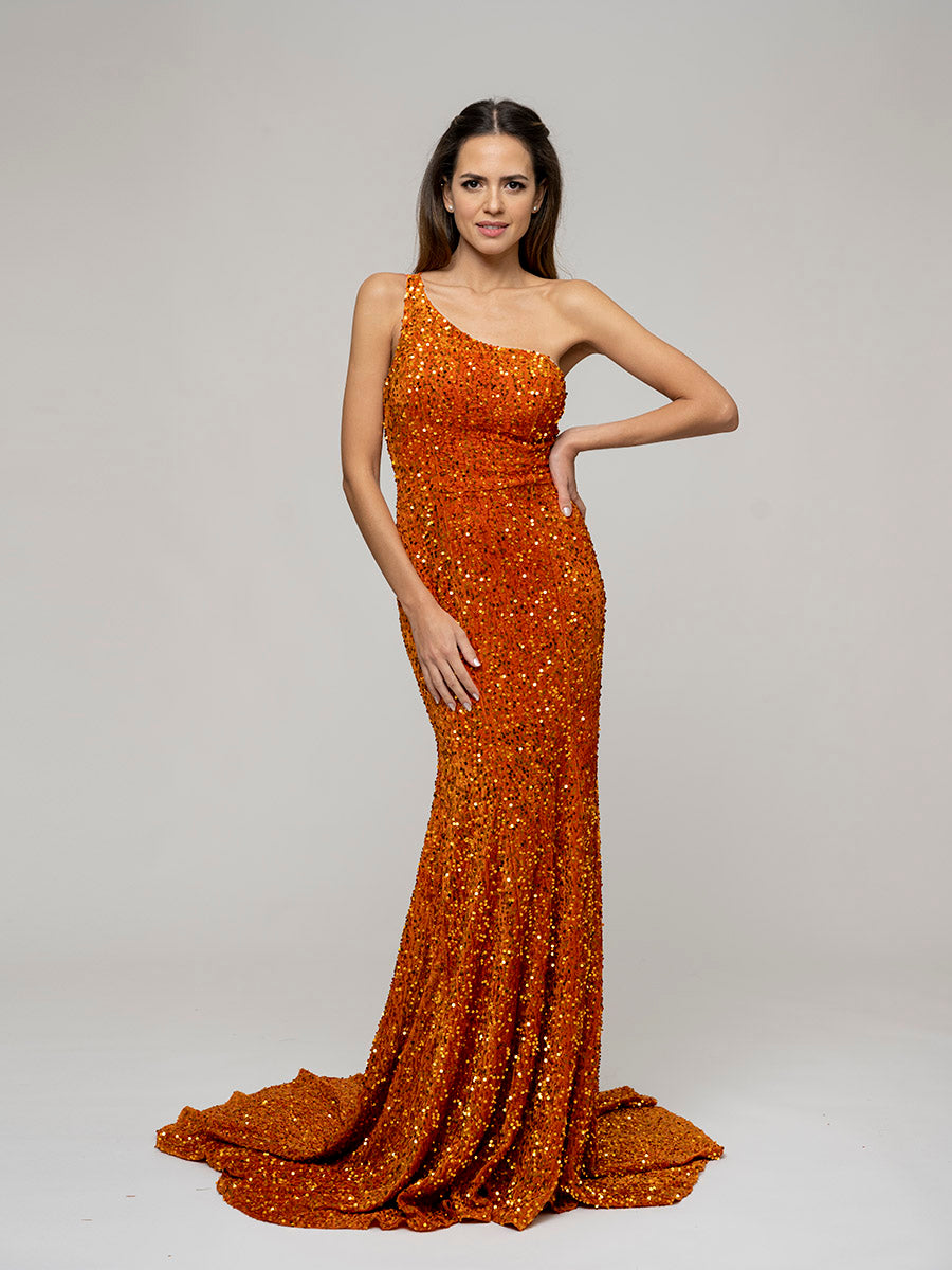 Straps Back One Shoulder Sequin Fitted Prom Dresses
