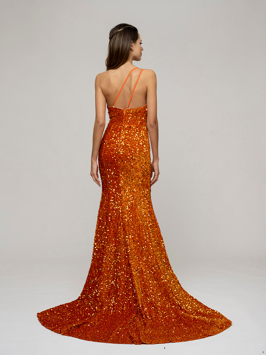 Straps Back One Shoulder Sequin Fitted Prom Dresses