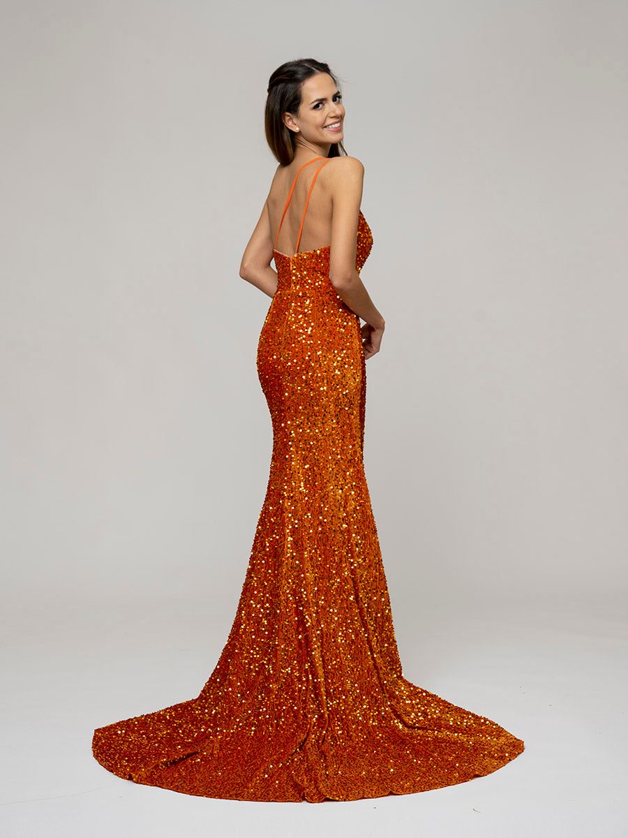 Straps Back One Shoulder Sequin Fitted Prom Dresses