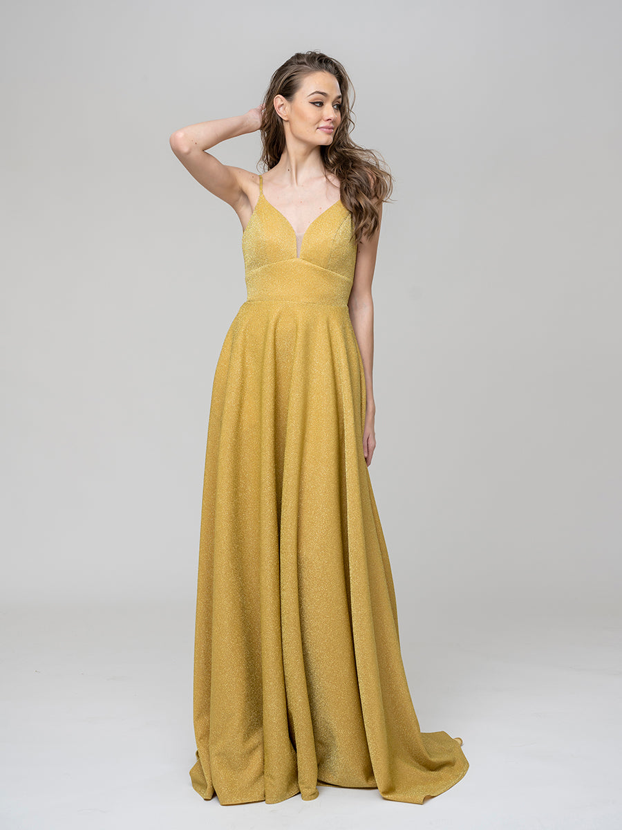 Metallic Glitter V Neck A Line Prom Dresses With Pockets