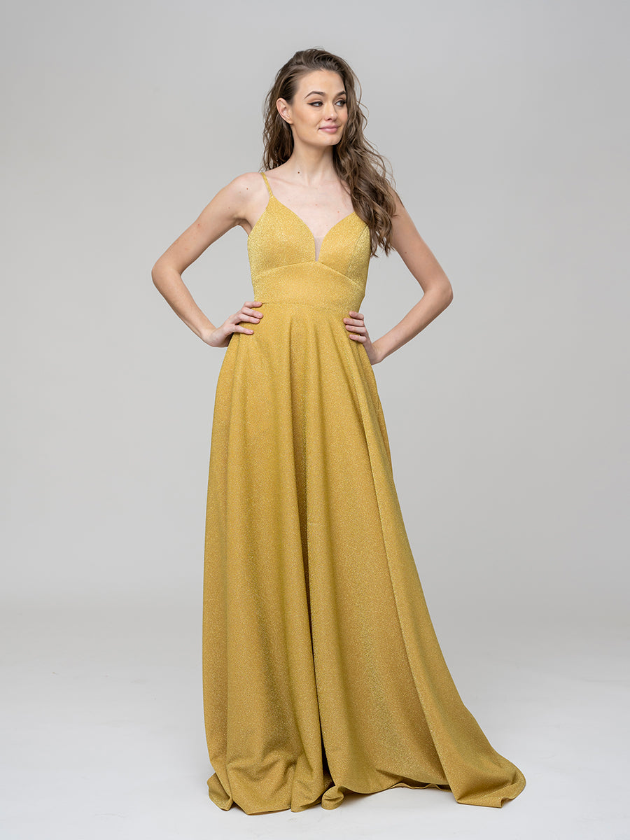 Metallic Glitter V Neck A Line Prom Dresses With Pockets