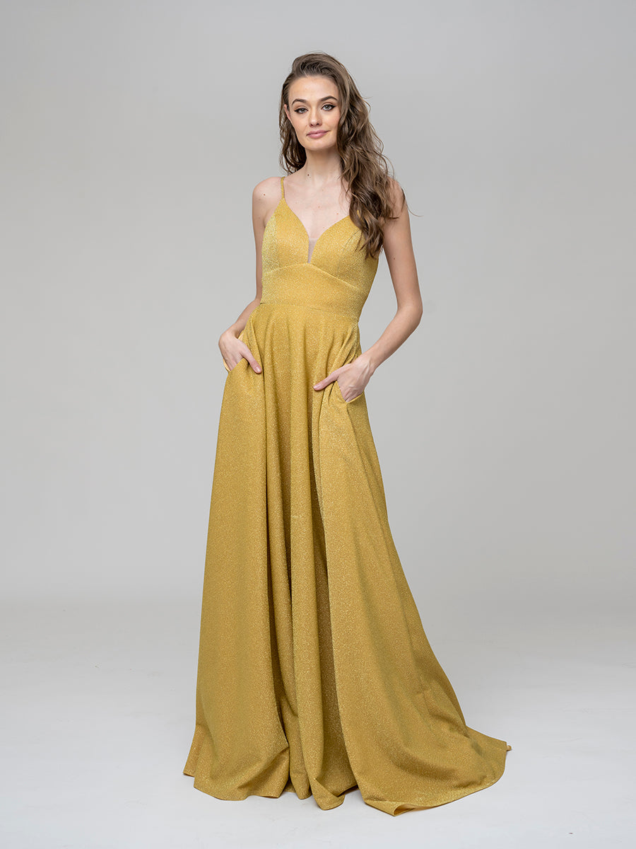Metallic Glitter V Neck A Line Prom Dresses With Pockets