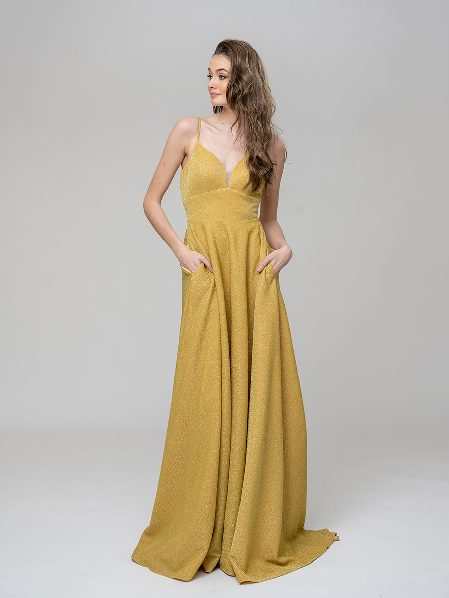 Metallic Glitter V Neck A Line Prom Dresses With Pockets