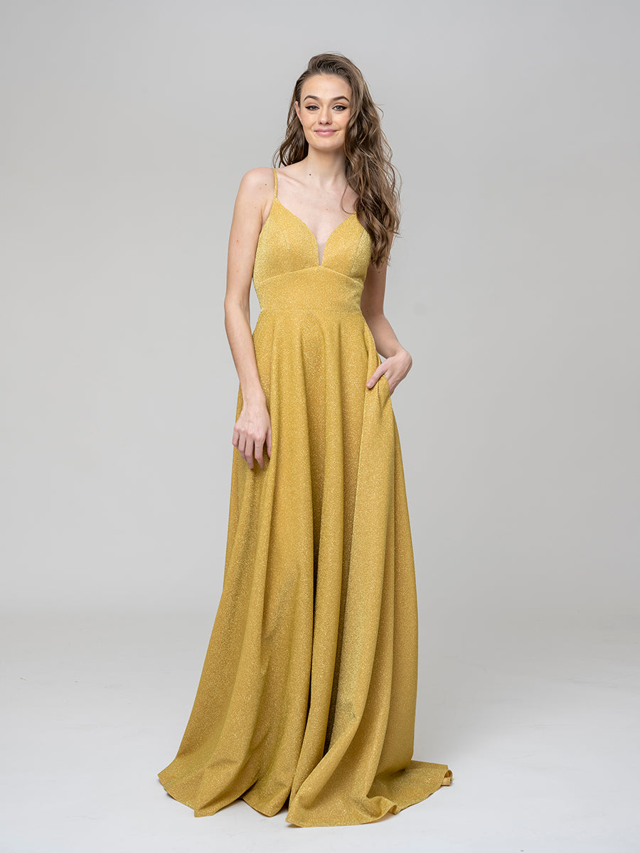 Metallic Glitter V Neck A Line Prom Dresses With Pockets