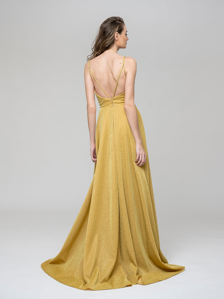 Metallic Glitter V Neck A Line Prom Dresses With Pockets