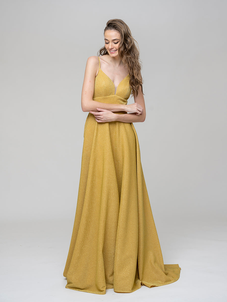 Metallic Glitter V Neck A Line Prom Dresses With Pockets