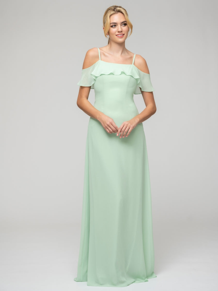 Mint Green Cold Shoulder Ruffles Chiffon Bridesmaid Dresses With Open Back