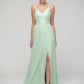 Mint Green Lace Bodice Chiffon V Neck Front Split Bridesmaid Dresses 