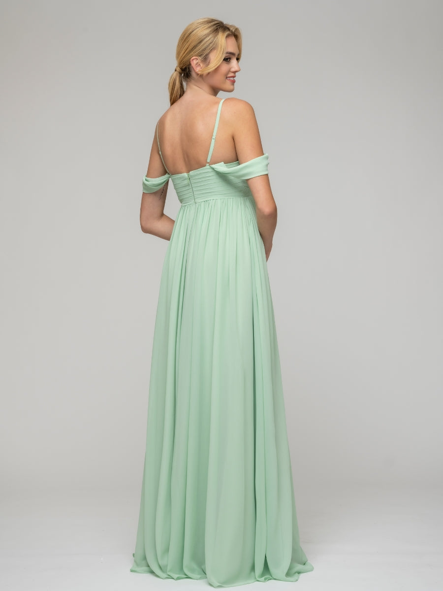 Mint Green Pleats Bodice Chiffon Cold Shoulder Open Back Bridesmaid Dresses