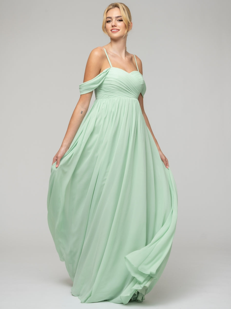 Mint Green Pleats Bodice Chiffon Cold Shoulder Open Back Bridesmaid Dresses