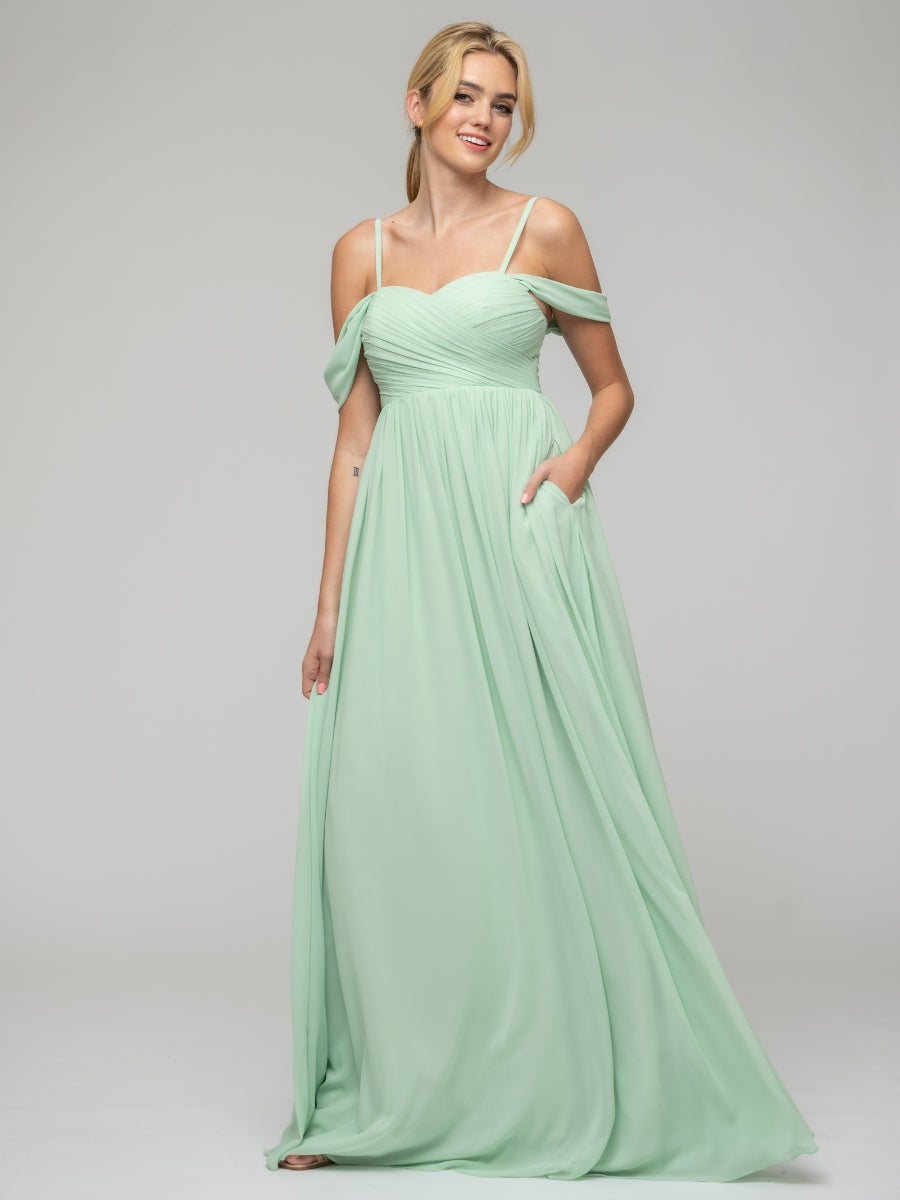 Mint Green Pleats Bodice Chiffon Cold Shoulder Open Back Bridesmaid Dresses