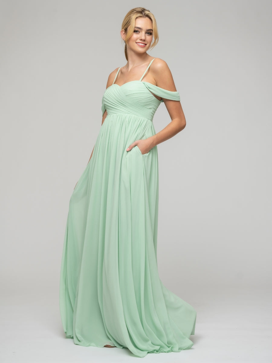 Mint Green Pleats Bodice Chiffon Cold Shoulder Open Back Bridesmaid Dresses