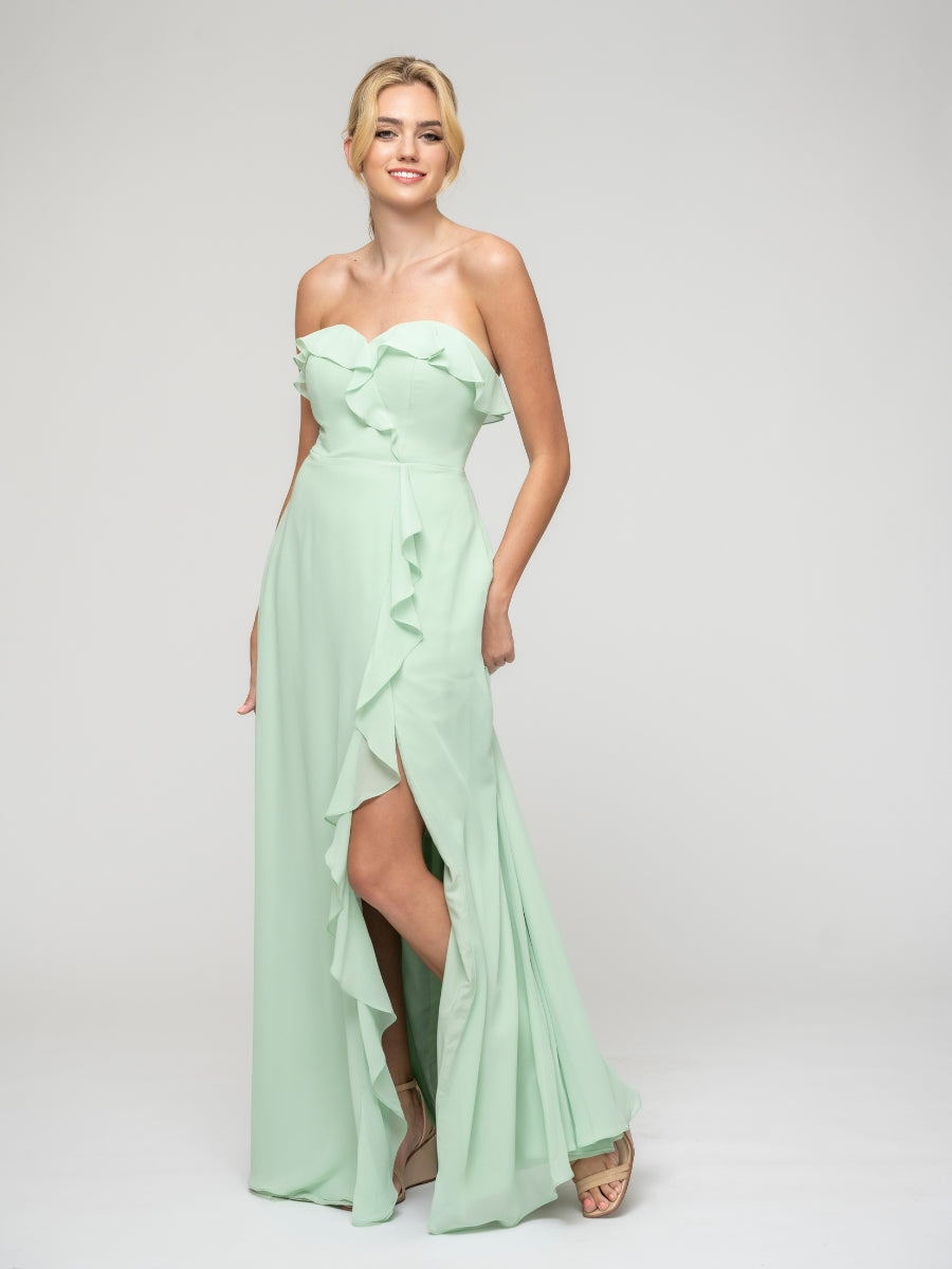 Ruffles Chiffon A Line Strapless Bridesmaid Dresses With Front Slit