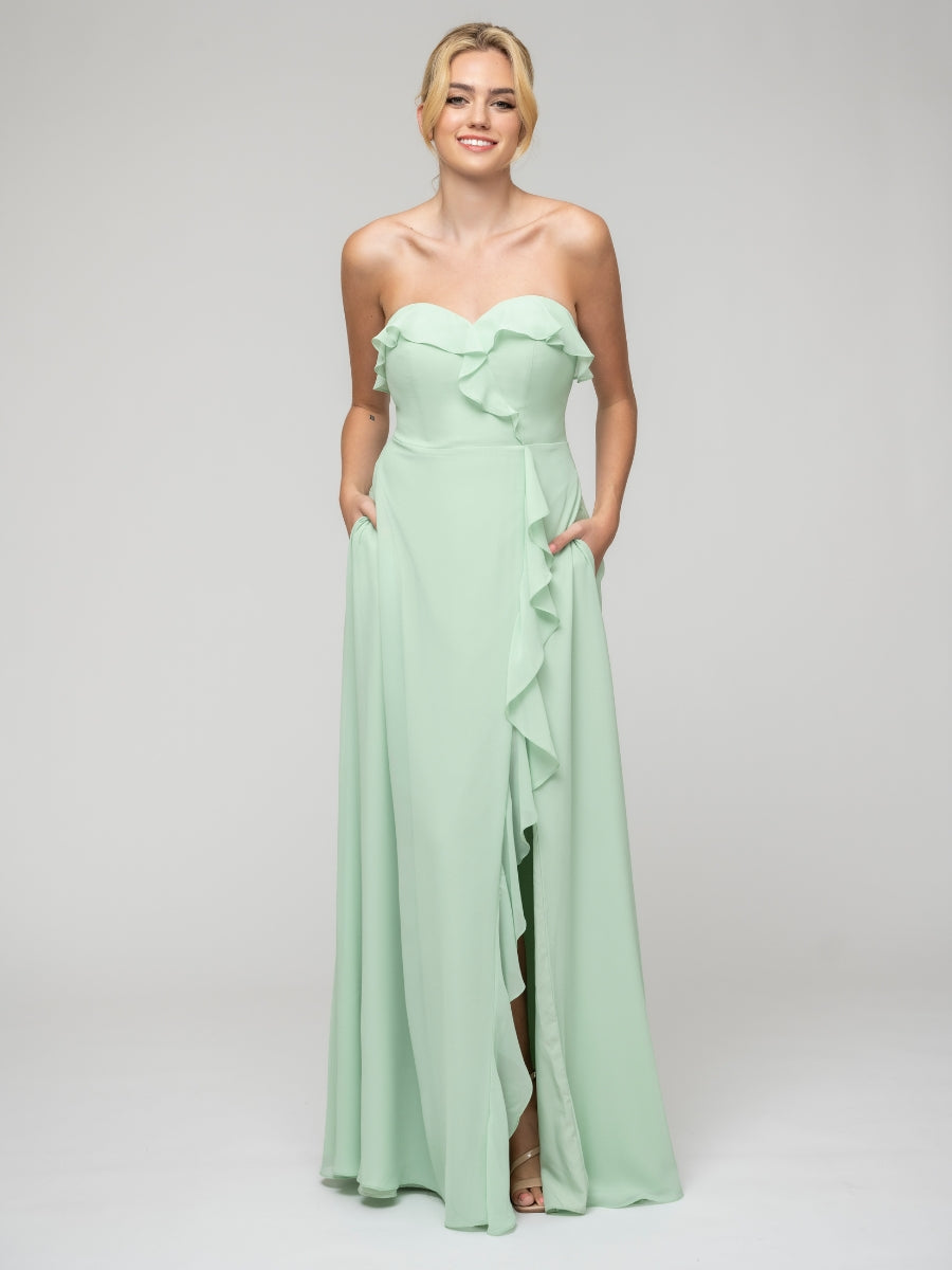 Ruffles Chiffon A Line Strapless Bridesmaid Dresses With Front Slit