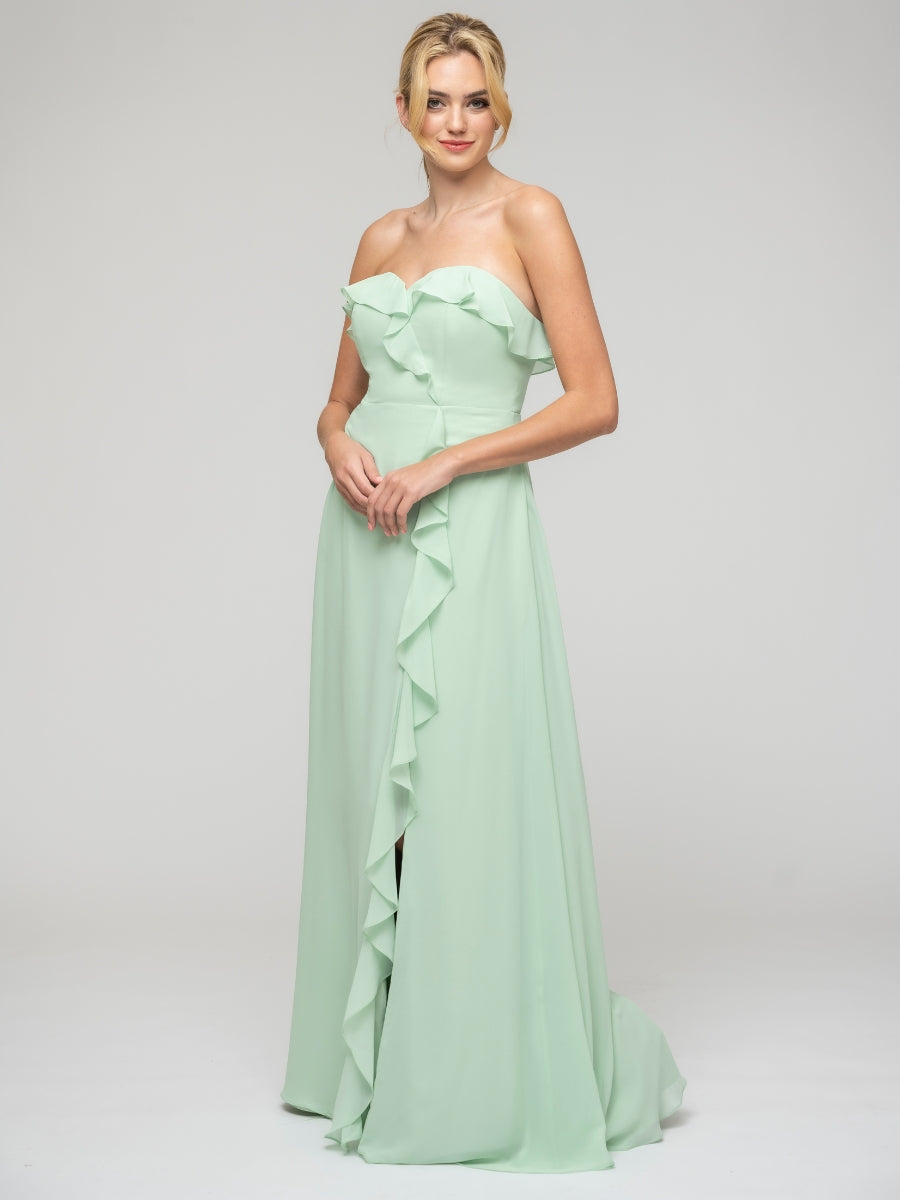 Ruffles Chiffon A Line Strapless Bridesmaid Dresses With Front Slit