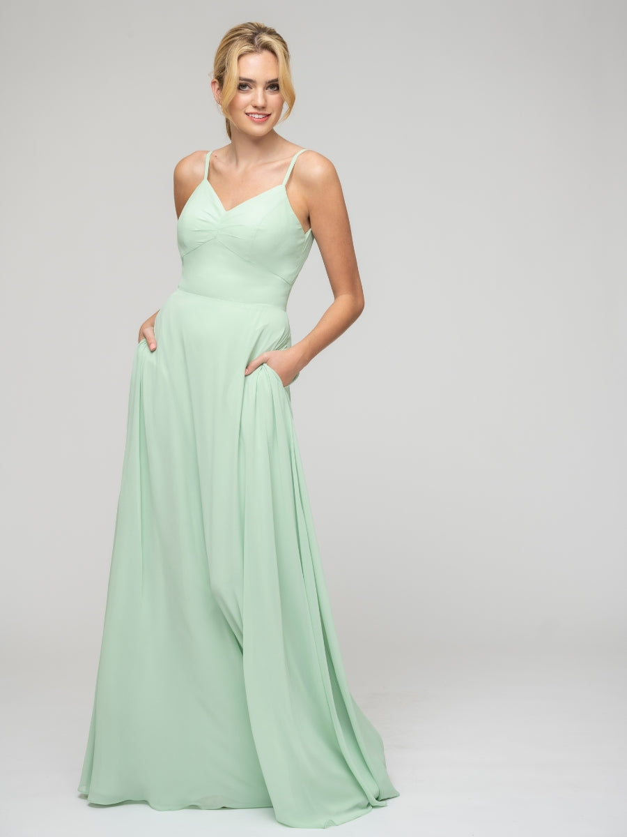 Spaghetti Strap Tie Back Long Chiffon Bridesmaid Dresses