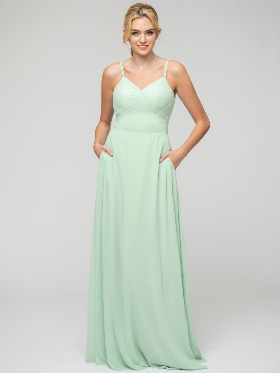 Spaghetti Strap Tie Back Long Chiffon Bridesmaid Dresses