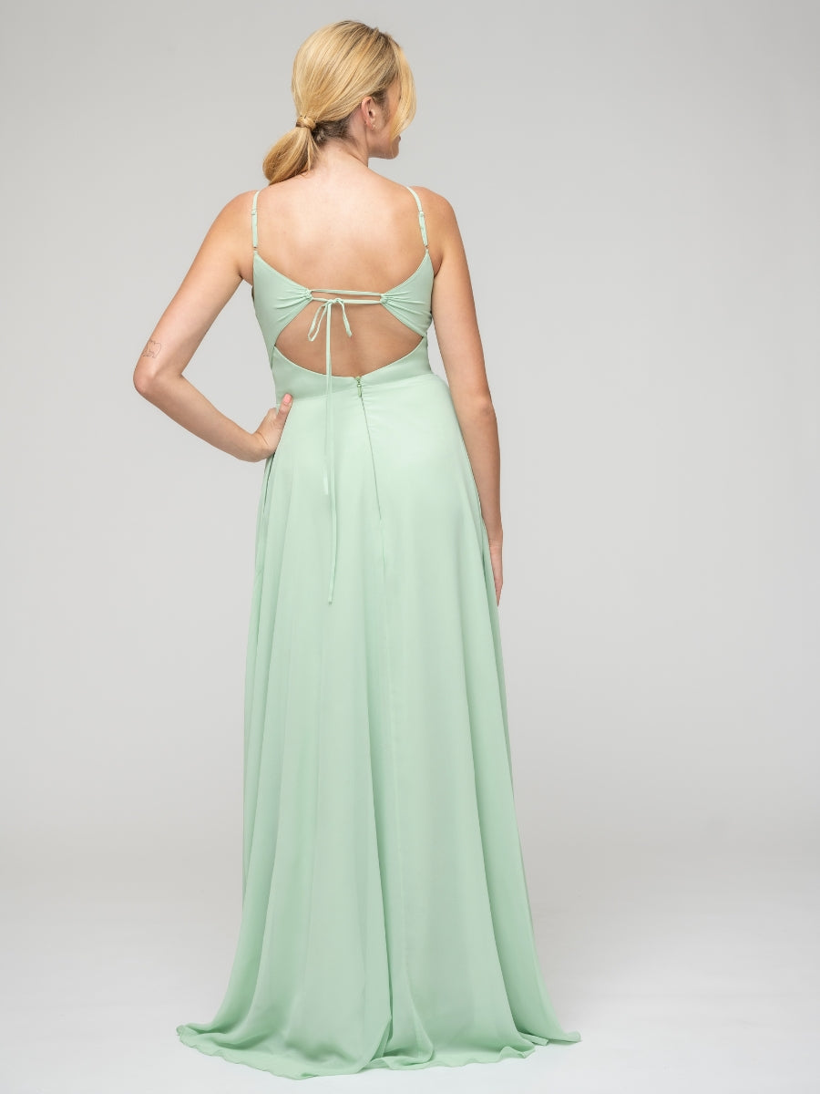 Spaghetti Strap Tie Back Long Chiffon Bridesmaid Dresses